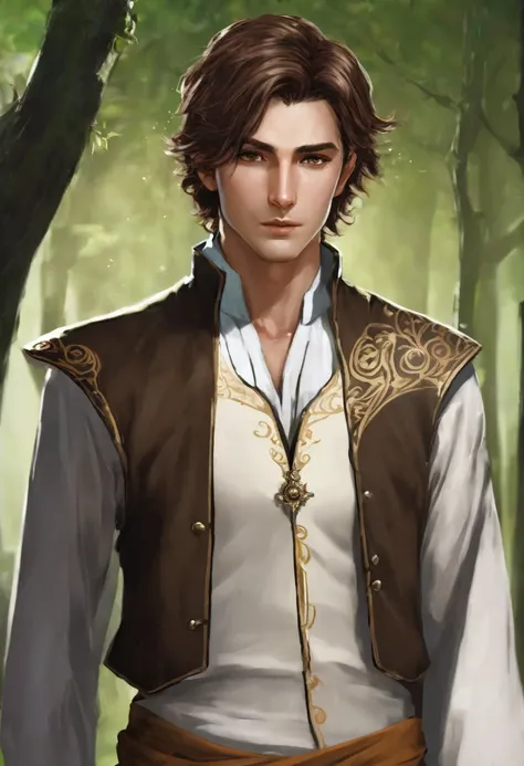 very handsome,without expression,short hair.A male fantasy character with brown hair.