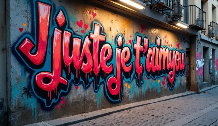 a graffiti with the text "Juste je taime",beautiful detailed graffiti,vibrant colors,urban street art,detailed text,photorealistic,cinematic lighting,painterly style,dramatic shadows,gritty texture,moody atmosphere,saturated colors,intricate details,cinema...