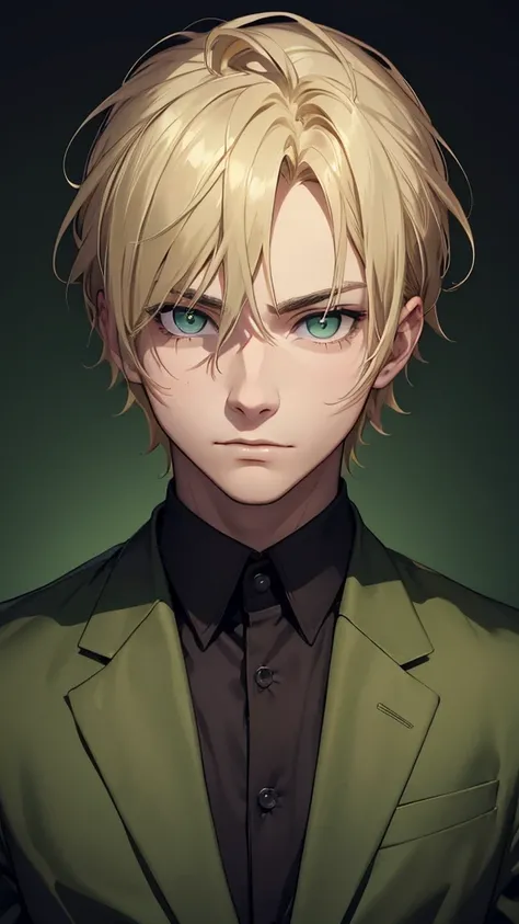 Young guy,  blonde hair , dark green eyes,  calm facial expression, solid dark background  