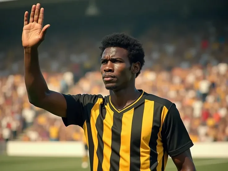  A soccer player with a shaved face, (((Looking in front of the shot ))) (((masculine))) tall y  (( clean-shaven face )), ((black skin)), ((( short curly hair , 1970s black style haircut))), wearing específicamente una [[ V-neck t-shirt of the Peñarol team...