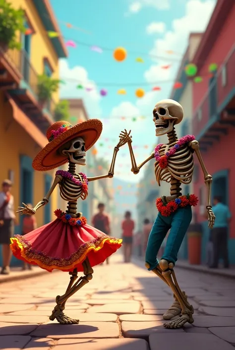 Skeleton couple dancing Peruvian music during the day with a lot of joy 