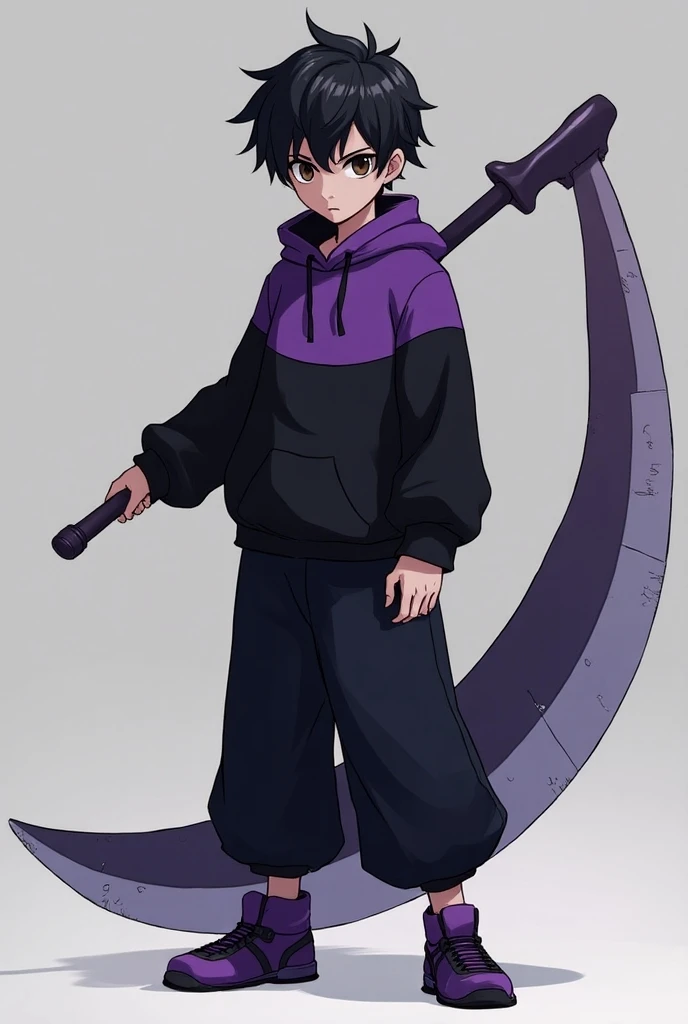 14-year-old boy wearing black and purple sweatshirt with a scythe,serious, black hair,Brown eyes, wide black pants and purple shoes 