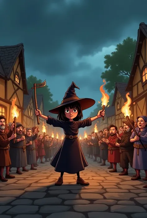 Create a cartoon image for ren that references the hunting and burning of witches 