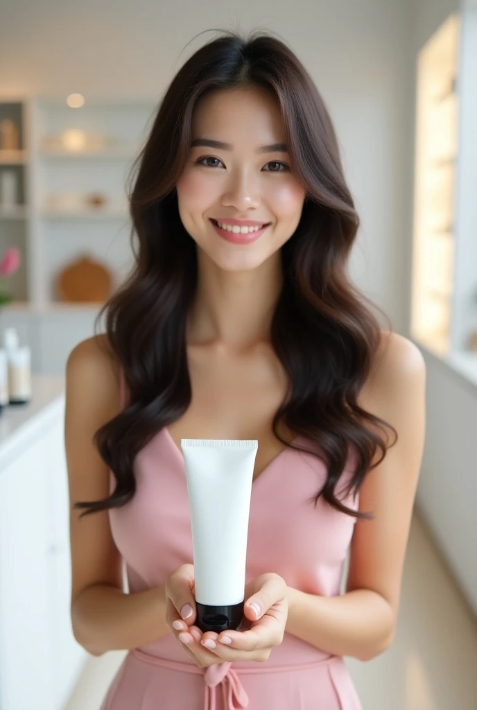 beautiful young thai woman long dark wavy hair smiling pink dress sleeveless, holding ((PARDEE)) body lotion tube with black closure looking at viewer, white cabinets and showroom in background. 