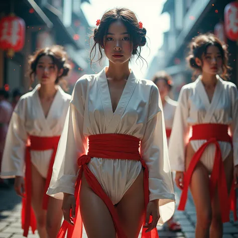 ExtremelyDetailed ProfessionalPhoto of  FUNDOSHI Girls in Hakata Gion Yamakasa, (Backwards:0.52) FullBody from below, MagicHour Miracle, Ethereal and Haunting, [Oodles Colorful Light Particles]  BREAK  White ￼Loincloth made by twisting white cloth, (((Clea...