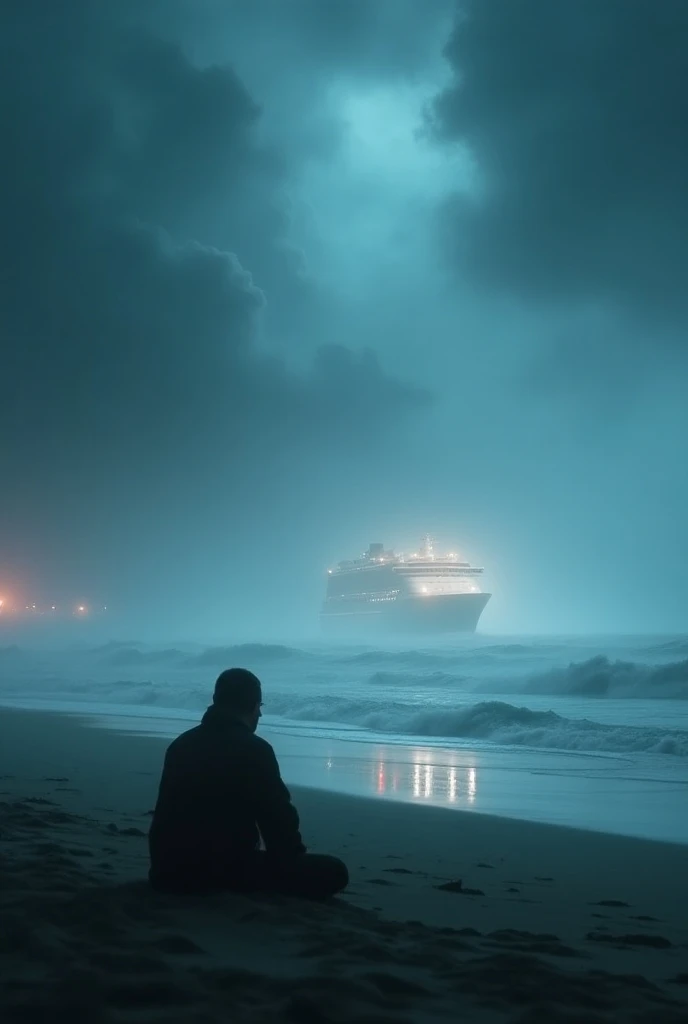 Storm with a silhouette of a man sitting on the beach sand with thick fog and a current cruise ship at sea