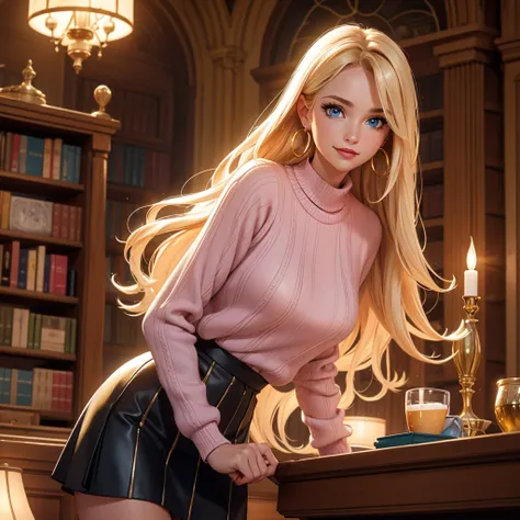 The camera captures a fair-skinned young woman,  long golden blond hair and penetrating blue eyes ,  your upturned nose gives you a unique and attractive appearance.  Your full lips are adorned with a touch of lipstick , Shes wearing a light pink sweater a...