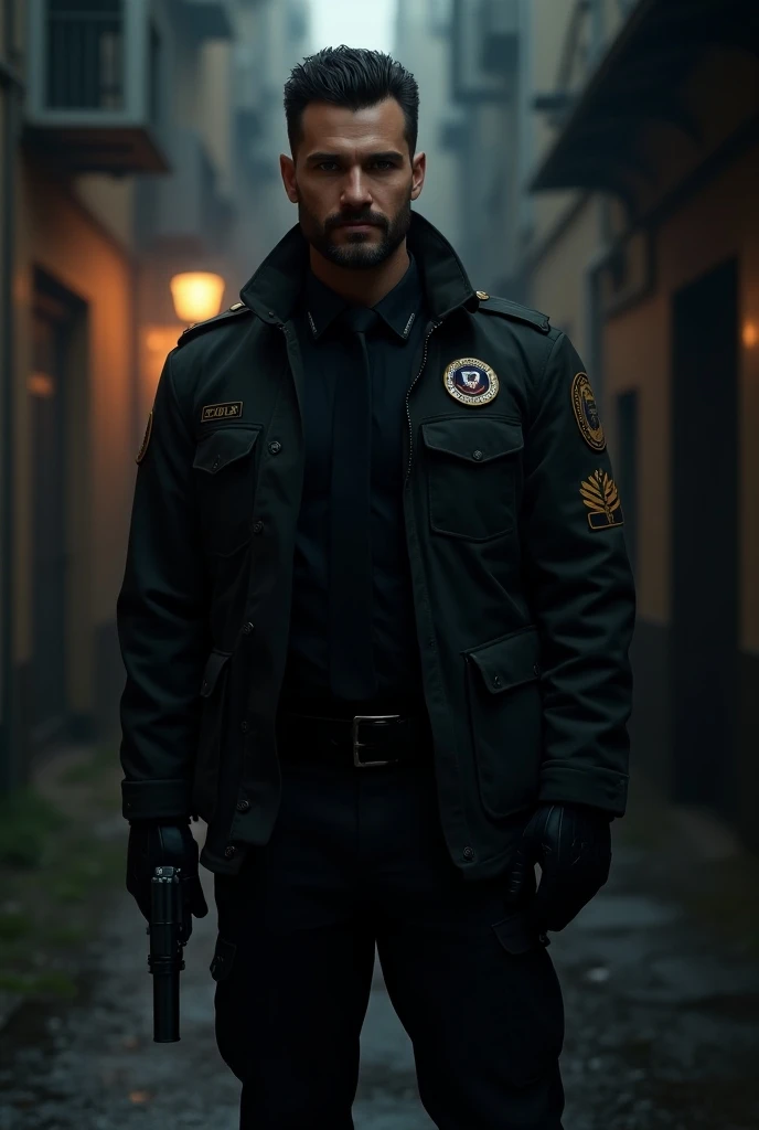  handsome man with black-haired beard, He wears a CIA uniform and has a gun in his hand
