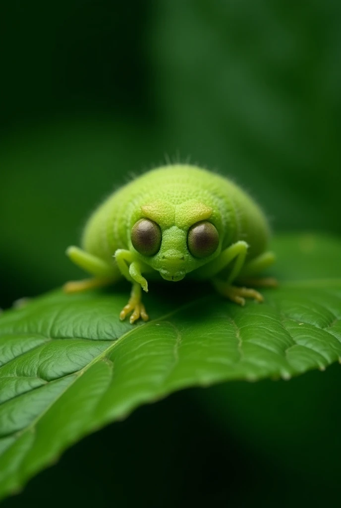 Larve grosse dinsecte verte avec de gros yeux sur une feuille verte 