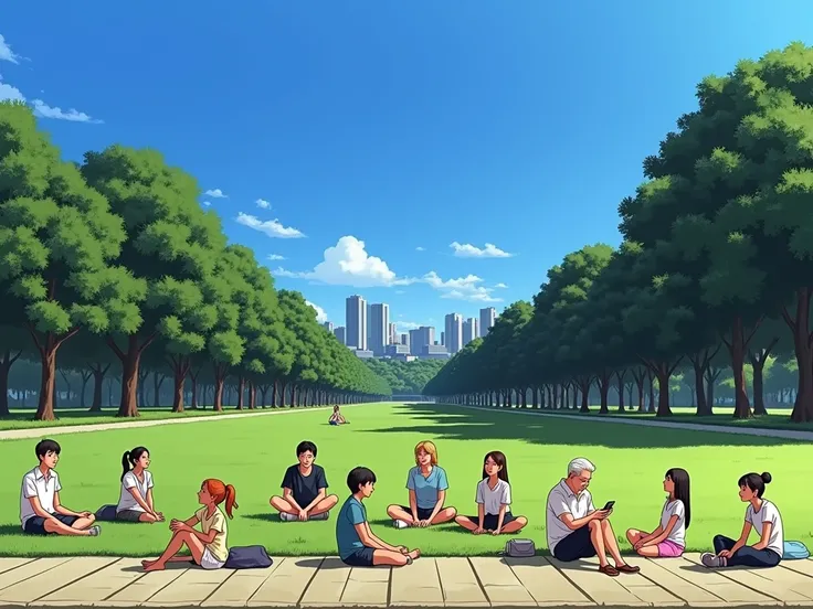 10 People Sitting on the Grass in the City Park