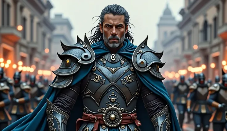  Strong man with black hair and some gray hair.  Wearing dark blue divine armor .  Holding steel divine hammer .  Preparing for battle in the imperial city , with army behind .