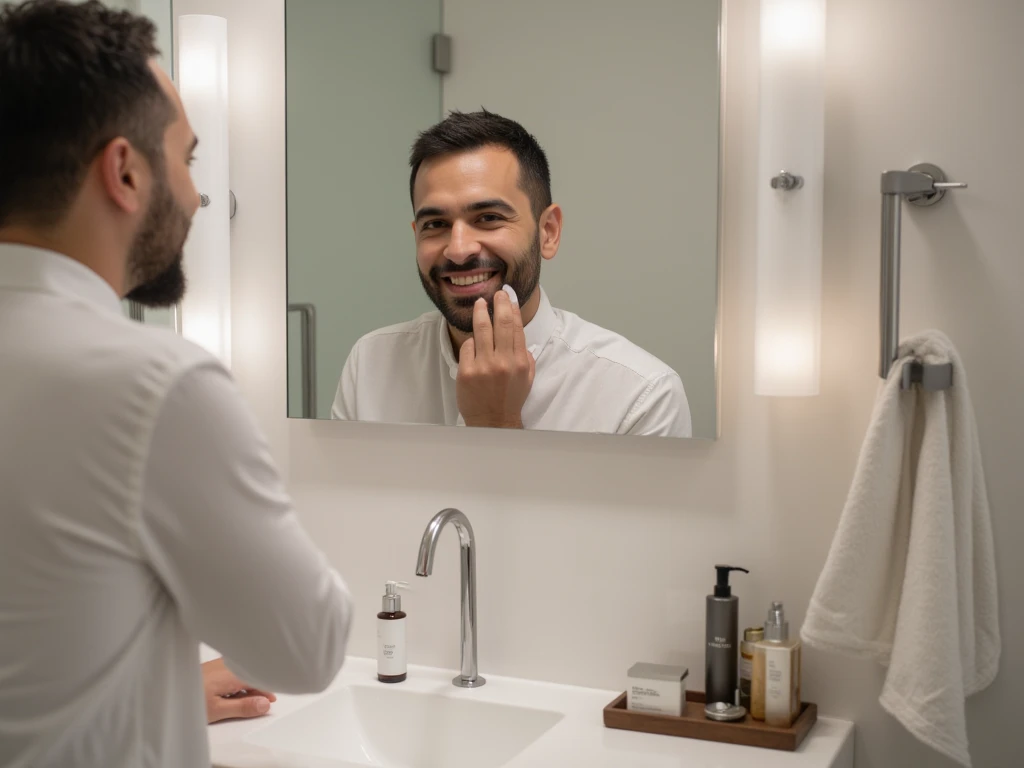 A promotional shot of a man in his 40s applying facial cleanser to his face in a bathroom.  Model should be photorealistic.  Man should look happy and successful.  