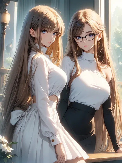 (( best quality)), ((masterpiece)), ( Details),  perfect face,(( 2 women)), elegant mature women,(非常に Detailsな皮膚),beautiful胸,Pale skin,Pointed Chest,(Large Breasts),(Small waist),( shows shoulders),Glasses,Blue Eyes,( fantasy art,Highest quality,Surreal Po...