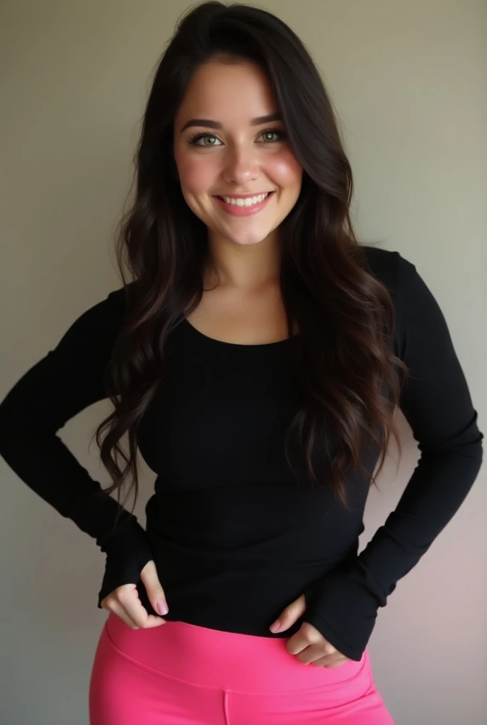 photograph of 20 year old girl, long straight brunette hair, smiling with teeth, tight long sleeve black shirt, pink leggings, green eyes, full body picture, cute and genuine smile, shy, dark hair, big giant breasts, big boobs, huge chest