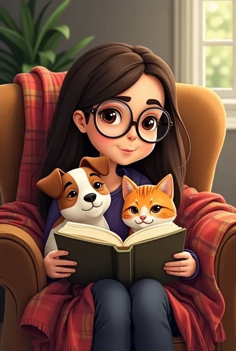 Femme 50 yeux marrons lunettes brune cheveux mi long jack Russell un chat entrain de lire un livre dans un fauteuil avec un plaid style cartoon 