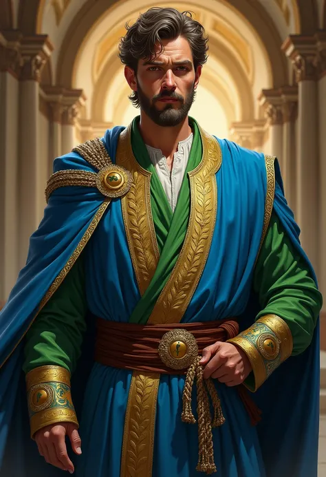 Man wearing elegant byzantine inspired clothes, blue sleeveless robe, green sleeves, thin beard, age 50 years, short hair, Highly detailed character, painted in high resolution.