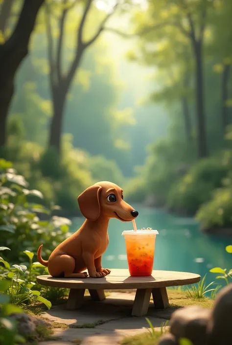 Dachshund drinks Bubble Tea at a table in nature.