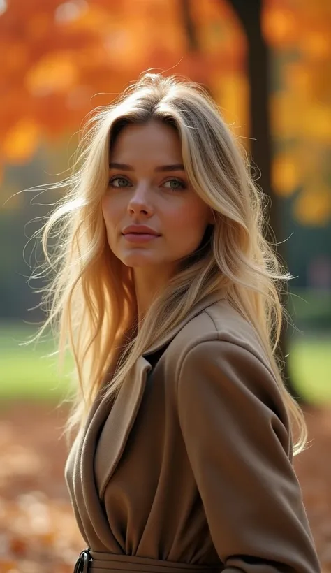 blonde highlighted with long hair in a coat in the left edge of the photo in the autumn park