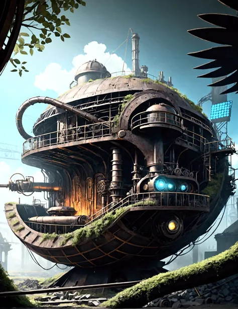  a huge steel machine ,  Complex and precise gear structure ,  steampunk style, steam,  Metallic luster , Strong light and shadow contrast , Rich details, Full of power, sci-fi futuristic ,  Huge shadows cast on the ground ,  Surrounding the ground {x} are...