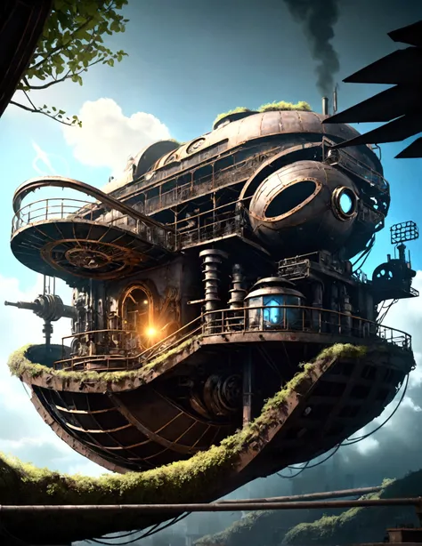  a huge steel machine ,  Complex and precise gear structure ,  steampunk style, steam,  Metallic luster , Strong light and shadow contrast , Rich details, Full of power, sci-fi futuristic ,  Huge shadows cast on the ground ,  Surrounding the ground {x} are...