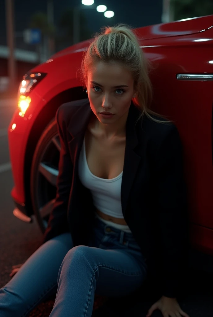 Belle Blonde de 20 ans aux yeux bleus, habillée dun jean, dun tee-shirt décolté blanc et dune veste de costume, dans la nuit dune ville, glisse les pieds en avant avec élégance sous une voiture rouge avec de la lumière sous elle pour poursuivre sa course a...