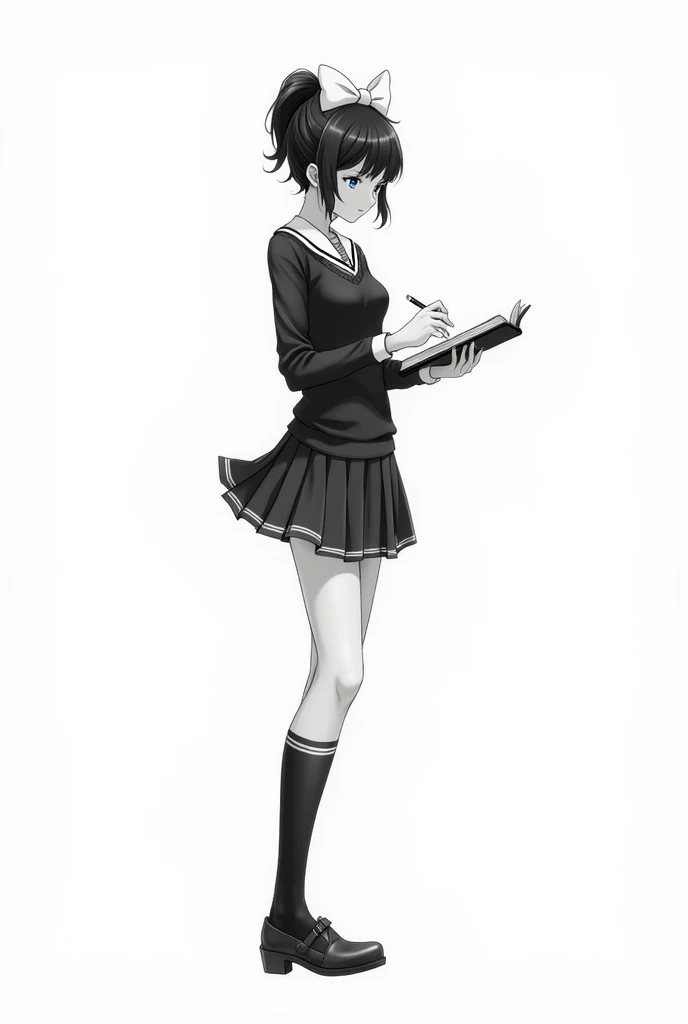 Black and white manga image of a sexy schoolgirl in a black and white uniform with a tight sweater and a shirt skirt and knee socks and mary jane shoes and a bow in her hair with a blank white board behind herand she is writing in a journal 