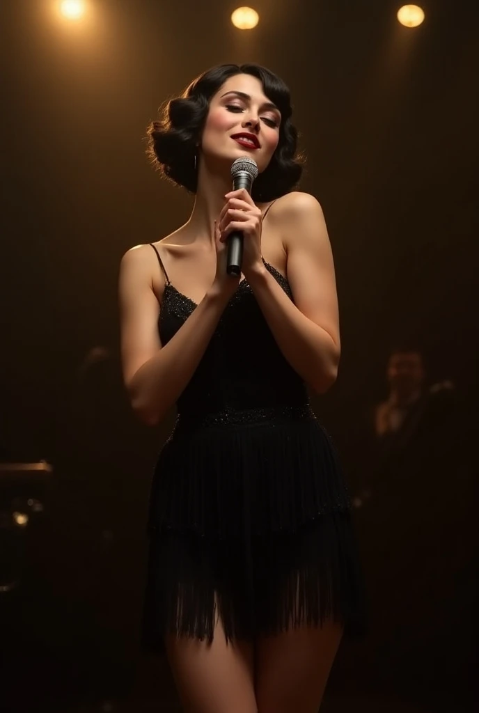 jazz singer on stage, short hair in the style of the 1920s flapper, fancy short hem dress