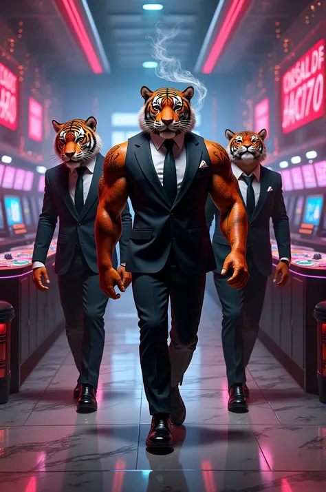 
" Create a realistic scene of a muscular humanoid tiger ,  wearing a well-fitting mob suit ,  with visible tattoos on their striped arms .  The tiger is smoking a cigar while leading two associates ,  also humanoid tigers , both in dark suits ,  with inti...