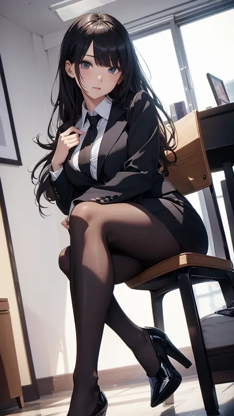 ((Best Quality)), ((masterpiece)), (be familiar with) Perfect Face、Mature beautiful woman、Sitting in a chair、The whole body, even the toes, See the audience at your feet、Looking down、Office Style、business suit、Black jacket、White open shirt、Black knee-lengt...