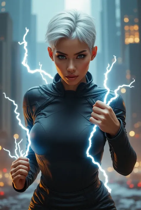 A confident Latina woman with short white hair and electric powers.