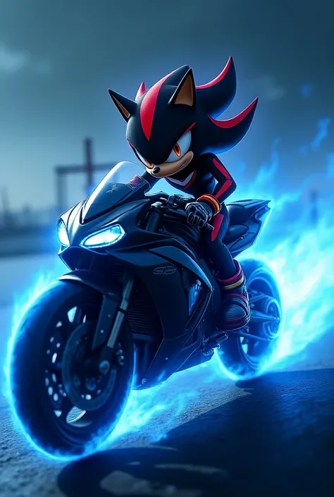 Shadow the hedgehog riding a motorcycle with a blue aura