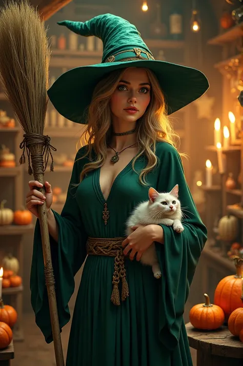 Oil painting. Medium shot. A beautiful female witch holding a broom and cat, surrounded by pumpkins and candles, in a cozy wizards shop. Warm light. Whimsical brushstrokes of László Beszédes. Soft, golden tones and rich textures of Jean-Baptiste Monges art...