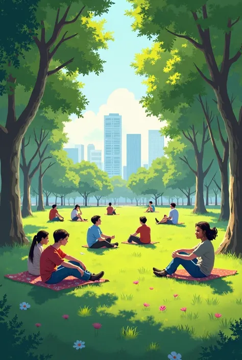 10 People Sitting on the Grass in the City Park 