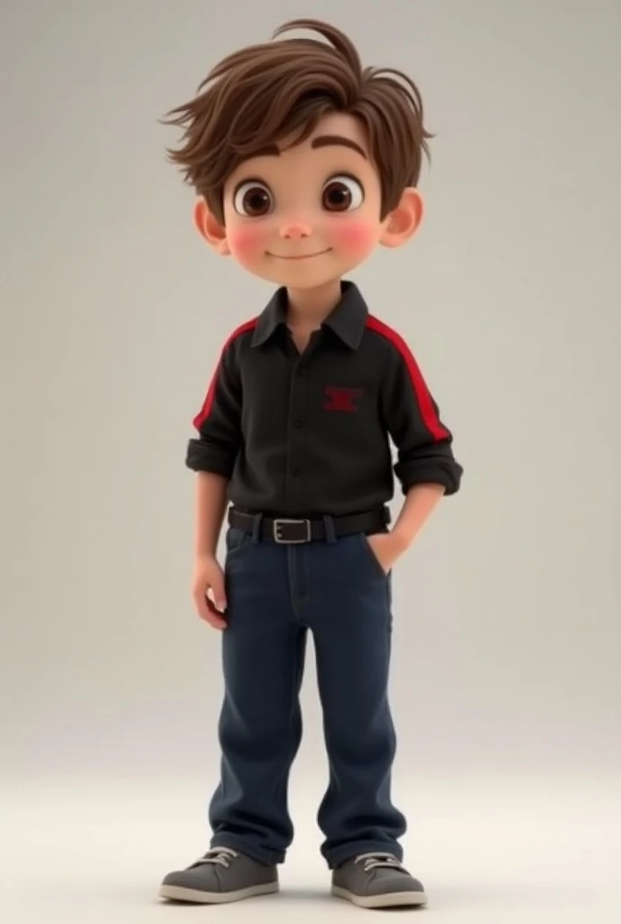 A boy 12-year with brown hair wears a black shirt with dark red stripes, dark blue pants , and gray shoes Disney Pixar