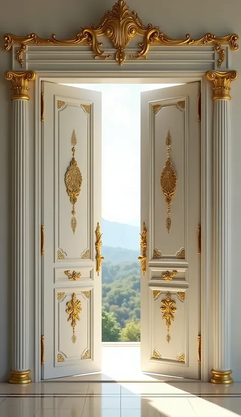  Draw a white two-leaf palace door with gold and a gold pattern above it, wide open to the outside.