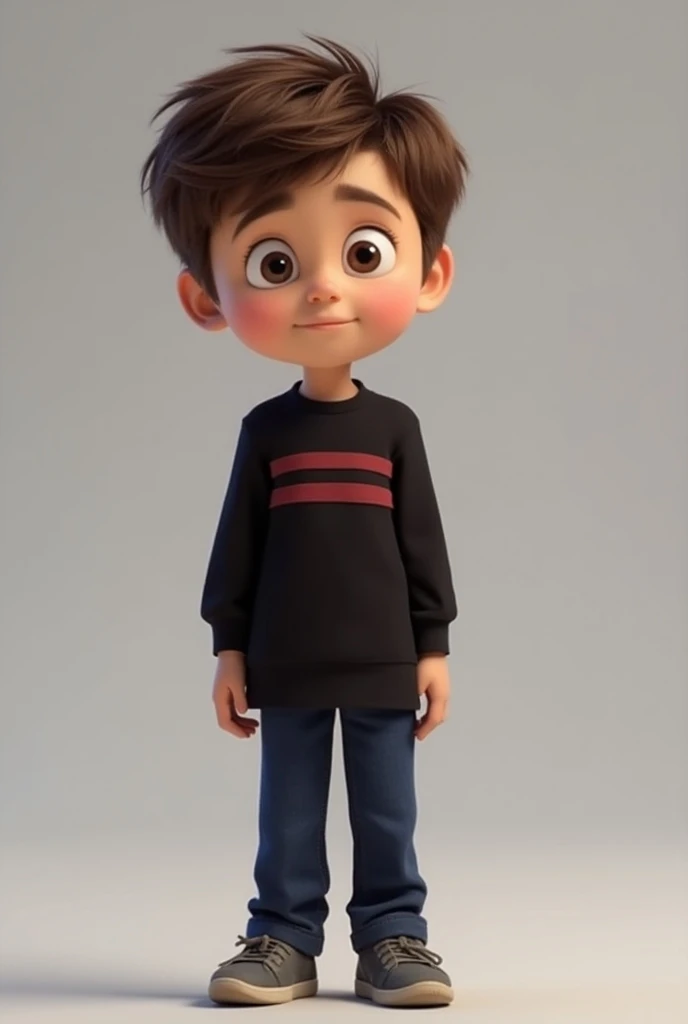 A boy 12-year with brown hair wears a black shirt with dark red stripes, dark blue pants , and gray shoes Disney Pixar