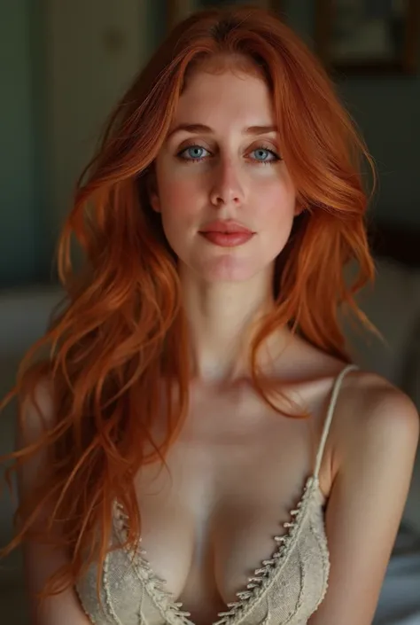 a woman with light red hair down to the waist, very fair skin, realistic shaded perfect body, long red hair and large green eyes, beautiful girl, woman, art 4 k, realistic digital art 4k, bimbo body, perfect nose, full lips, flawless makeup, eye shadow mak