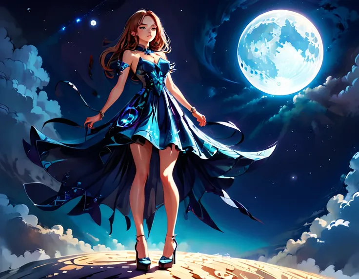 a beautiful model wearing an intricate clack dress, in a fashion show,  there are glowing stars on the dress, wearing high heels, it is night time the moon in the sky, fantasy art, 16K, full body, silhouette, from side, Ultra-Wide Angle, retina, UHD, best ...