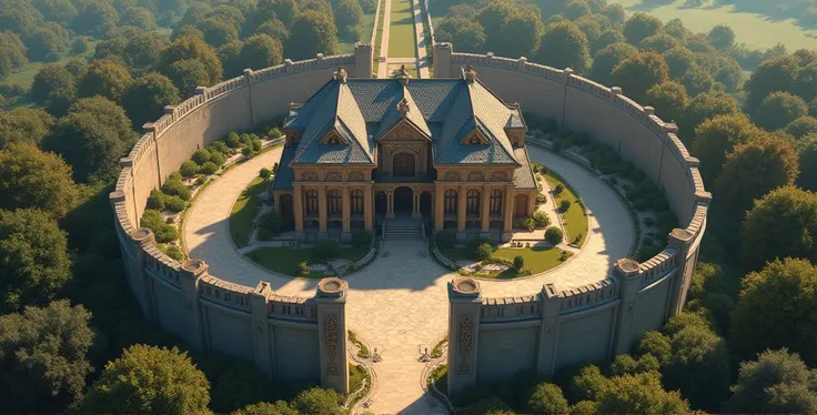 a house,  around the wall seen from above, with a lion outside 