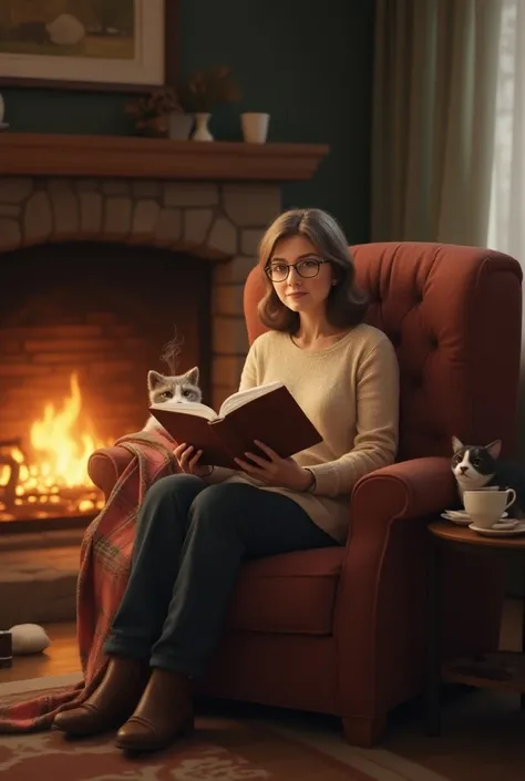 Femme 50 ans yeux marrons avec des lunettes, brune cheveux mi long, avec un jack Russell, un chat, entrain de lire un livre dans un fauteuil avec un plaid avec un thé près d’une cheminée 