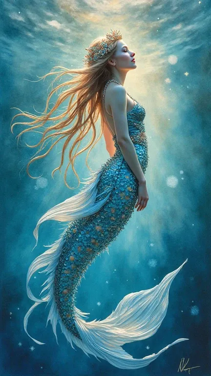 A brilliantly shimmering aquatic creature, its scales glowing in shades of aquamarine and silver, with luminous fins trailing behind like ribbons caught in a gentle current. This hypnotic being resembles a beautiful woman, perfect and detailed face, flowin...