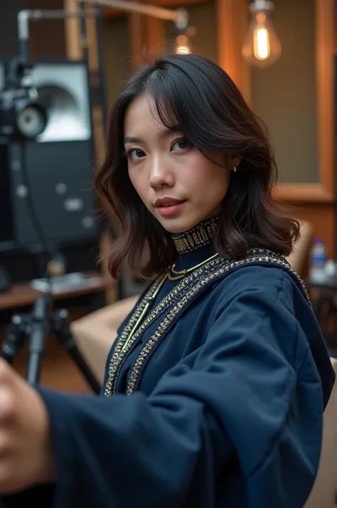 White girl,  dark brown hair with light waves, slightly thin eyebrow ,  dark blue “warrior” outfit , medium hair, taking selfie. Bottom: Recording studio, film, behind the scenes.