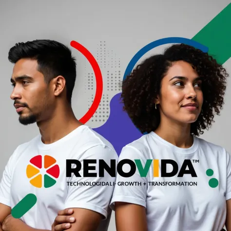 Create a modern logo with a technological and inspiring portrait style for ""RENOVIDA"" which is a Brazilian NGO, incorporating elements that represent renewal, growth and transformation. Use vibrant colors and a bold font. PUT UP THE IMAGES OF "TWO YOUNG ...