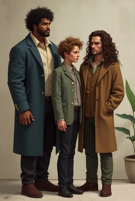 A tall black-haired man along with a shorter brown-haired man and a curly-haired woman