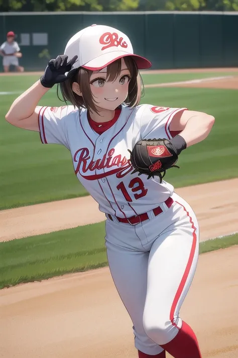 Best Quality、masterpiece、 High Resolution 、Fine Lines、beautiful、 1 girl、Brown Hair、 short hair、smile、 playing softball、 white and red uniform with gloves on her left hand、左手にグローブを着けている、Wearing a baseball cap、Ground、sunny、