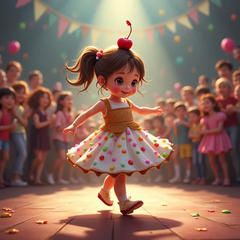 A baby girl twirls on stage in an ice cream cone outfit. Her dress is sprinkled with colorful toppings, and she has a cherry-themed accessory on top of her head.
and many people is here