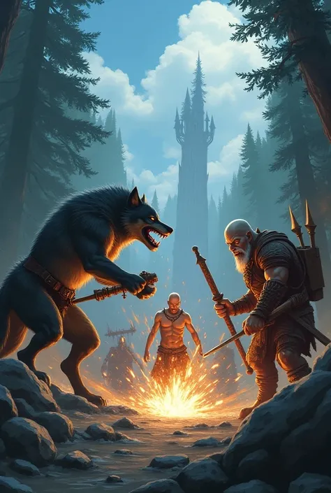 I want an anime image with a wolf and a dwarf, its another elf and another vampire fighting in a battle of clans. 