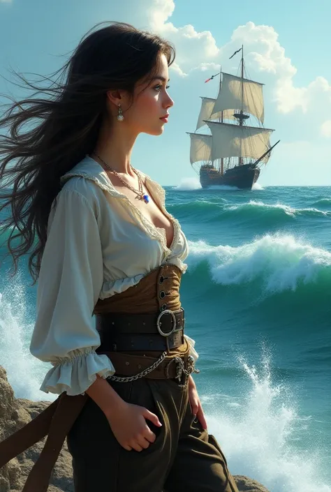  You have a 22-year-old woman with dark brown hair and white skin , eyes blue like the ocean, innocent look,  who wears pirate clothes from the 17th century and a necklace with a blue pearl, Look at the waves and a pirate ship , Realistic version