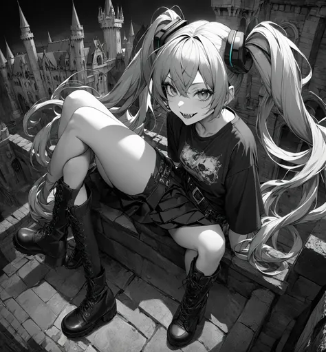 masterpiece,best quality,highres,absurdres,ultra detailed,pretty eyes,semi realistic, (Hatsune Miku),(twintails), castle, gothic, monochrome, ,depth of field,ultra-detailed, dark theme, vampire fangs, smirk, from above, crossed legs, black skirt, belt boot...