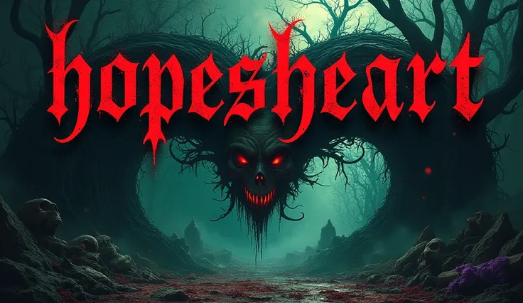 a surreal and vibrant cinematic photo of a Metalcore band t-shirt graphic design with the bold, gothic, distressed text "HopesHeart" emblazoned in fiery red and black hues at the top, set against a dark, misty backdrop that evokes a sense of foreboding, th...